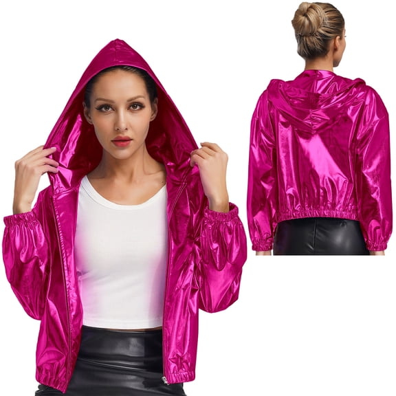 TiaoBug Women Holographic Sweatshirts 70s 80s Bomber Jacket Long Sleeve Hoodies for Disco Dance Hot Pink XL