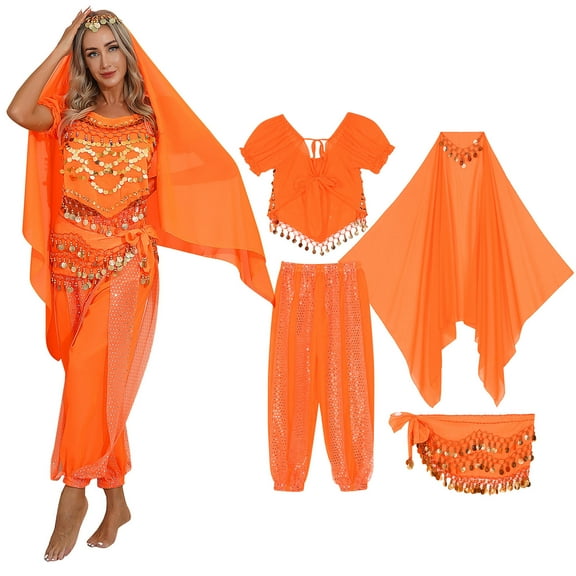 TiaoBug Women India Belly Dance Costume Lanterns Sleeves Top Pants Hip Scarf Head Scarf 4Pcs Orange One Size