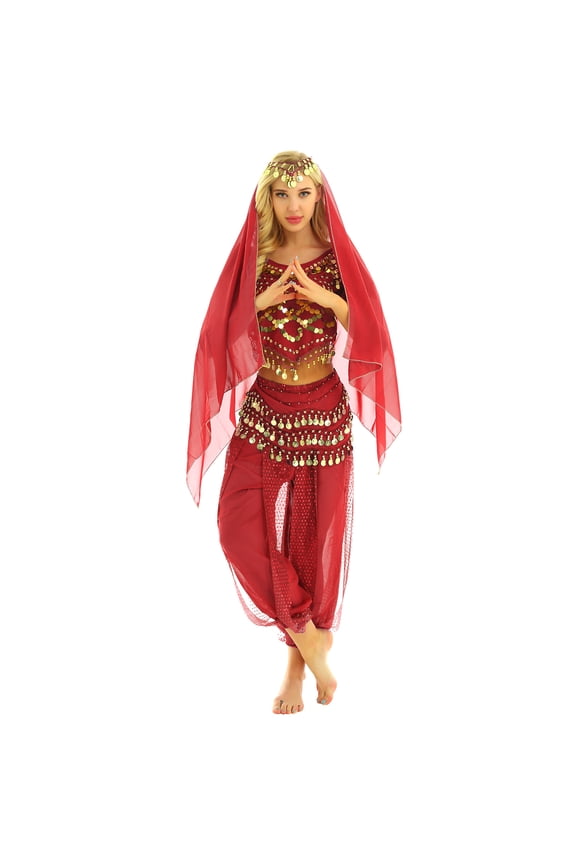 Women India Belly Dance Costume Lanterns Sleeves Top Pants Hip Scarf Head Scarf 4Pcs Red One Size
