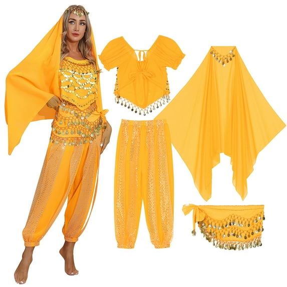 TiaoBug Women India Belly Dance Costume Lanterns Sleeves Top Pants Hip Scarf Head Scarf 4Pcs Yellow One Size
