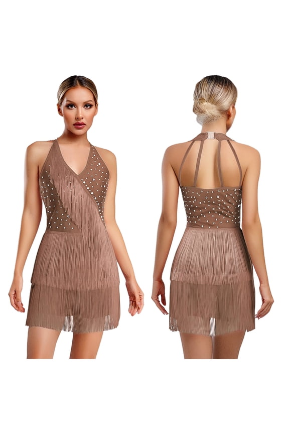 Women Latin Dance Dress Salsa Cha-cha Tango Ballroom Dancing Sleeveless Tassel Fringe Leotard Dress Coffee M
