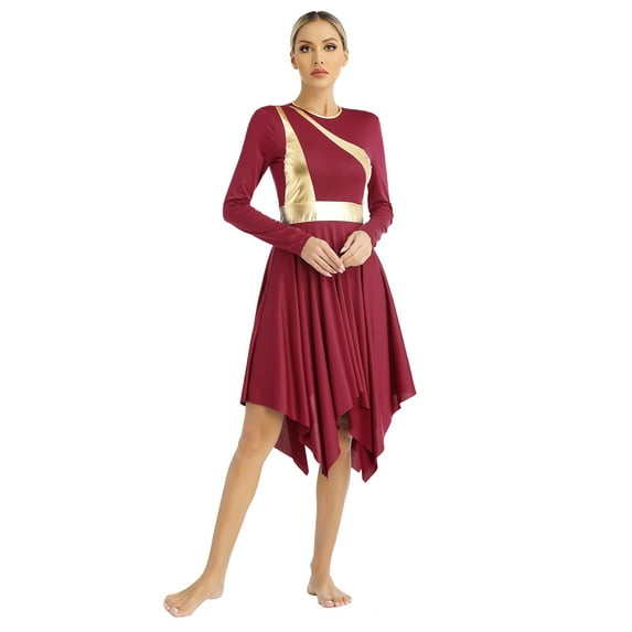 TiaoBug Women Liturgical Dancewear Praise Dance Dresses Irregular Lyrical Dance Dress Worship Tunic Burgundy L