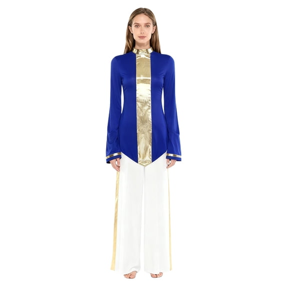 TiaoBug Women Liturgical Worship Praise Dance Outfit 2Pcs Flared Long Sleeve Tunic Top and Wide Leg Pants Set Royal Blue XL