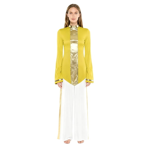 TiaoBug Women Liturgical Worship Praise Dance Outfit 2Pcs Flared Long Sleeve Tunic Top and Wide Leg Pants Set Yellow XL
