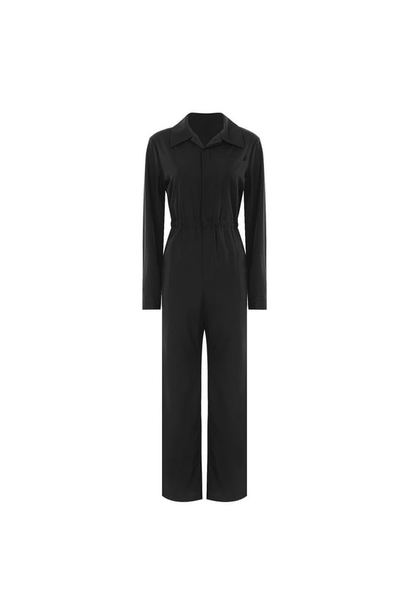 Women Long Sleeve Coveralls Utility Jumpsuit Overalls Button Up Long Pants Romper Work Wear Black S