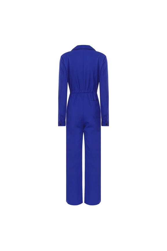 Women Long Sleeve Coveralls Utility Jumpsuit Overalls Button Up Long Pants Romper Work Wear Blue XXL