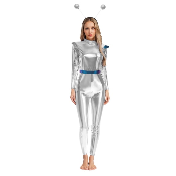 TiaoBug Women Long Sleeve Metallic Jumpsuit with Alien Antenna Headwear Robot Outfits for Space Themed Party Silver 3XL