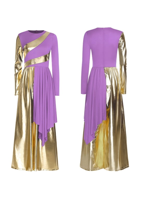 Women Long Sleeve Praise Dance Dress Metallic Wide Leg Pants Jumpsuit Worship Maxi Gown Choir Robe Lavender XL