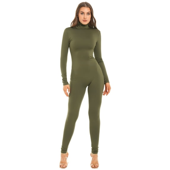 TiaoBug Women Long Sleeves Yoga Bodysuit High Collar Stretchy Jumpsuit Sport Yoga Workout Leotard Army Green L