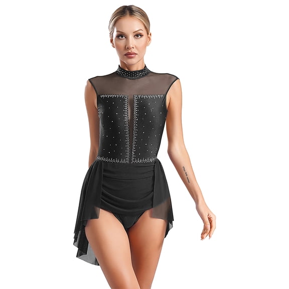 TiaoBug Women Lyrical Contemporary Dance Costume Glittery Rhinestone Ruched Leotard Wrap Skirt Dress Black S