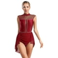 thumbnail image 1 of TiaoBug Women Lyrical Contemporary Dance Costume Glittery Rhinestone Ruched Leotard Wrap Skirt Dress Burgundy L, 1 of 7
