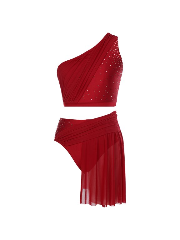 Women Lyrical Contemporary Dance Outfit One Shoulder Shiny Crop Top Flowy Tulle Skirt Burgundy S