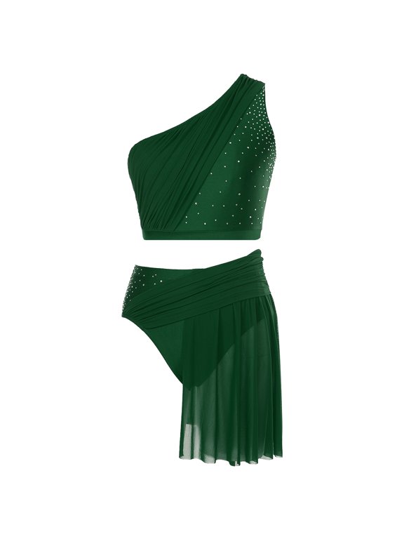 Women Lyrical Contemporary Dance Outfit One Shoulder Shiny Crop Top Flowy Tulle Skirt Green S