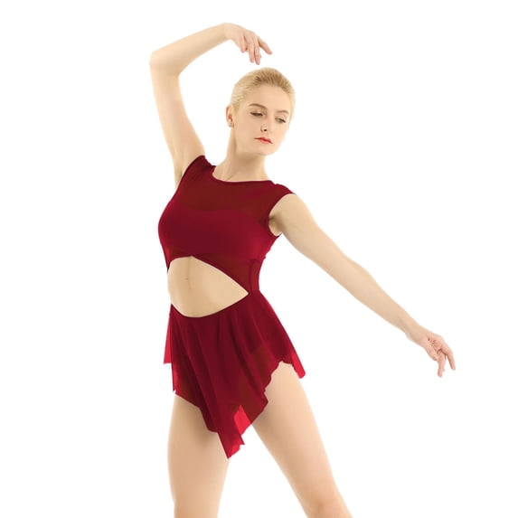 TiaoBug Women Lyrical Dance Costumes Asymmetric Ballet Leotard Dress Cut Out Gymnastics Dancewear Wine_Red X-Large