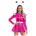 thumbnail image 1 of TiaoBug Women Metallic Alien Outfit Long Sleeve Front Zip Mock Neck Club Mini Dress with Alien Hair Hoop Hot Pink M, 1 of 7