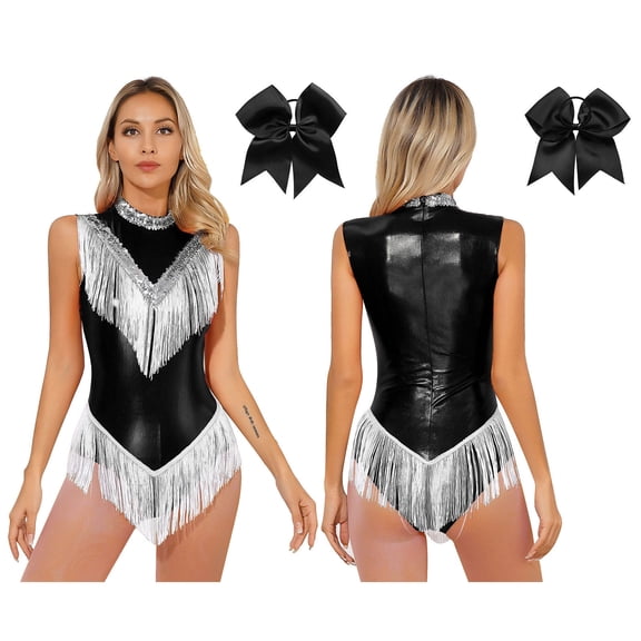TiaoBug Women Metallic Latin Dance Leotard Fringe Cheerleading Uniform Outfits With Headwear Black M
