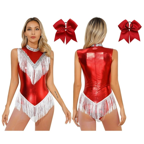 TiaoBug Women Metallic Latin Dance Leotard Fringe Cheerleading Uniform Outfits With Headwear Red S