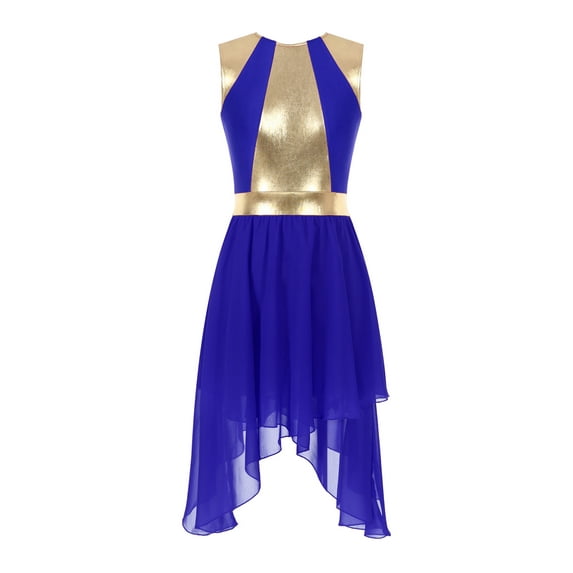 TiaoBug Women Metallic Lyrical Dance Dress Sleeveless Praise Tunic Overlay Dress Modern Dance Costume Royal Blue M
