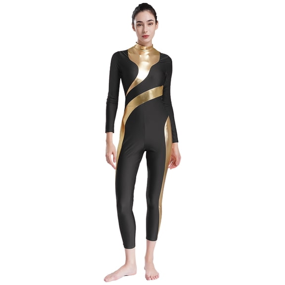 TiaoBug Women Metallic Shiny Gymnastics Leotard Long Sleeve Figure Ice Skating Acrobatics Jumpsuit Black L