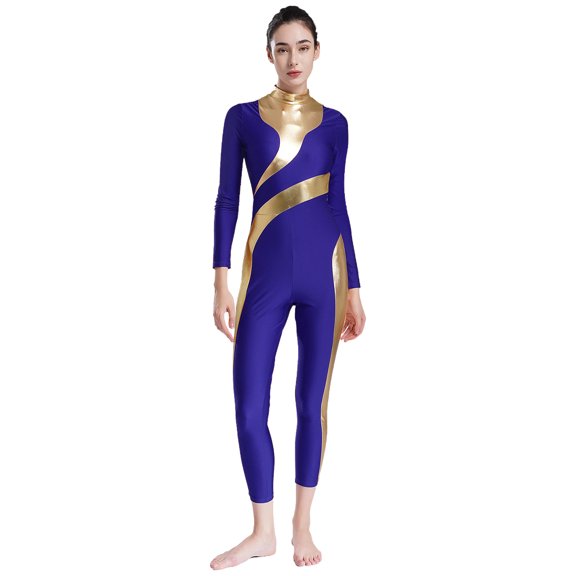 TiaoBug Women Metallic Shiny Gymnastics Leotard Long Sleeve Figure Ice Skating Acrobatics Jumpsuit Royal Blue L