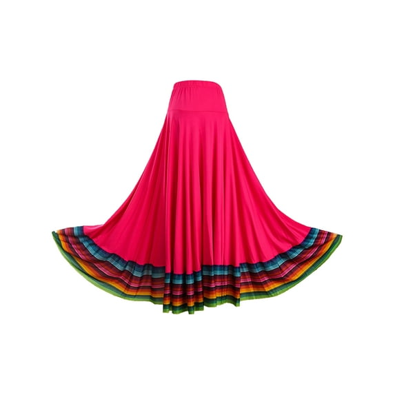 TiaoBug Women Mexican Flamenco Swing Long Skirt Spanish Full Circle Folklorico Dance Skirts Hot Pink 87cm 4XL