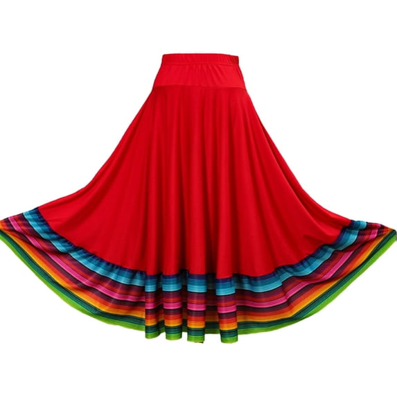 TiaoBug Women Mexican Flamenco Swing Long Skirt Spanish Full Circle Folklorico Dance Skirts Red 75cm 4XL