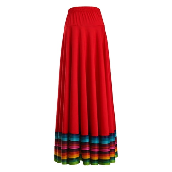 TiaoBug Women Mexican Flamenco Swing Long Skirt Spanish Full Circle Folklorico Dance Skirts Red 87cm XXL