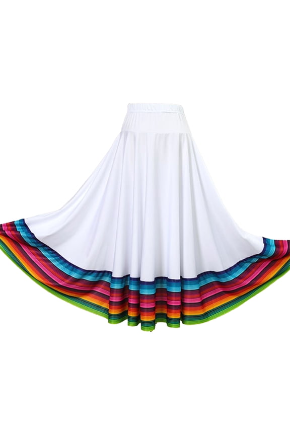 Women Mexican Flamenco Swing Long Skirt Spanish Full Circle Folklorico Dance Skirts White 75cm L