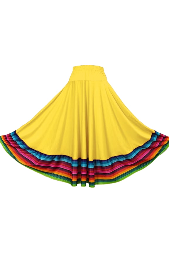 Women Mexican Flamenco Swing Long Skirt Spanish Full Circle Folklorico Dance Skirts Yellow 75cm L