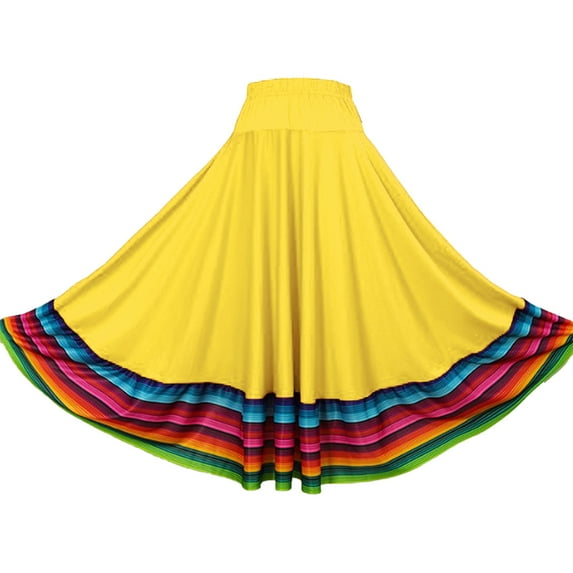TiaoBug Women Mexican Flamenco Swing Long Skirt Spanish Full Circle Folklorico Dance Skirts Yellow 75cm XXL