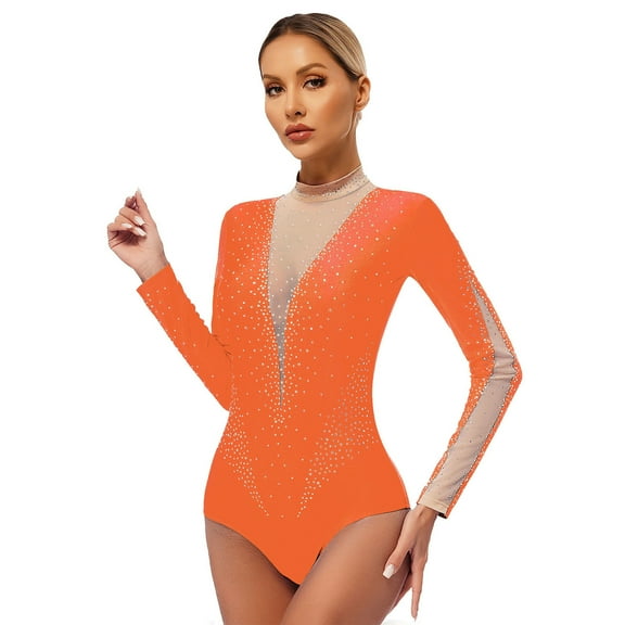 TiaoBug Women Mock Neck Long Sleeve Leotard Shiny Rhinestone Ballet Dance Bodysuit Orange S