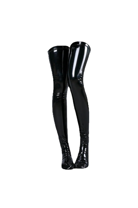Women Patent Leather Above Knee Leg Length Thigh High Stockings Accessories Black One Size