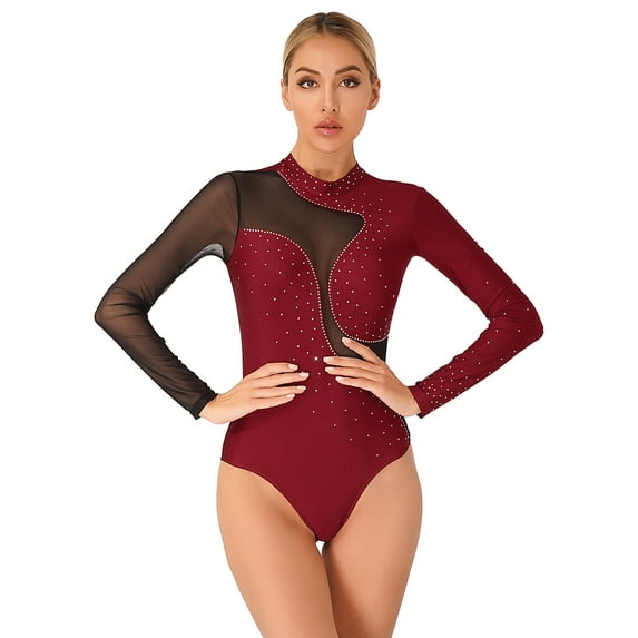TiaoBug Women Rhinestone Color Block Ballet Dance Leotard Sheer Mesh Long Sleeve Gymnastics Bodysuit Tops Burgundy L