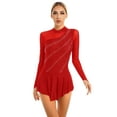 thumbnail image 1 of TiaoBug Women Rhinestone Figure Skating Dance Dresses Long Sleeve Sheer Mesh Lyrical Dress Red M, 1 of 7