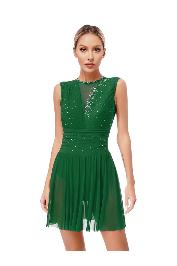Women Rhinestone Figure Skating Dresses Sleeveless Roller Skating Lyrical Dance Dress Costume Green M