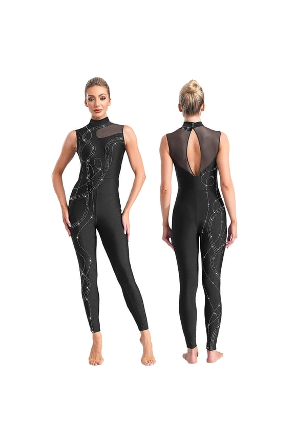 Women Rhinestone Gymnastics Leotard Unitard Full Length Sleeveless Figure Ice Skating Jumpsuit Black S