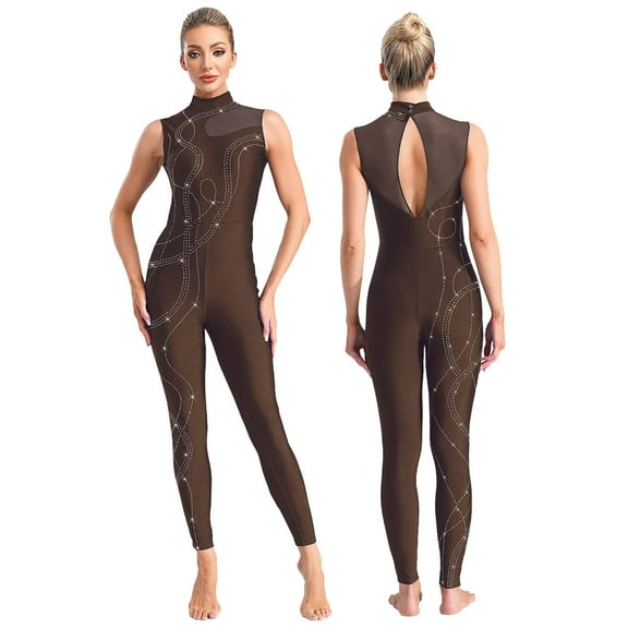 TiaoBug Women Rhinestone Gymnastics Leotard Unitard Full Length Sleeveless Figure Ice Skating Jumpsuit Brown XL