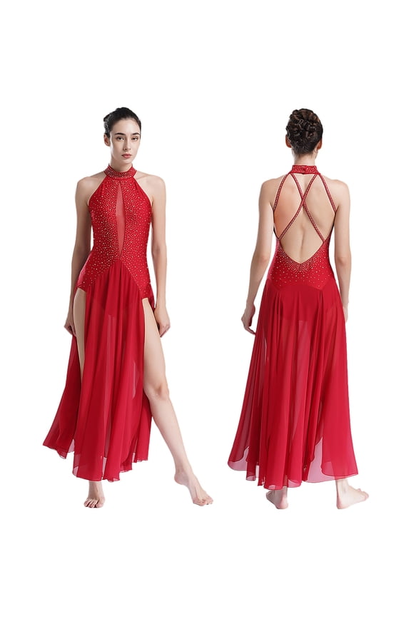 Women Rhinestones Halter Split Lyrical Dance Dress Contemporary Dancewear Red S
