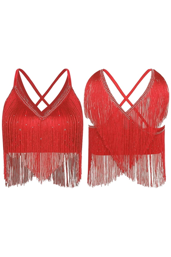 Women Salsa Latin Dance Top V-Neck Sleeveless Fringe Crop Top for Performance Competition Red M