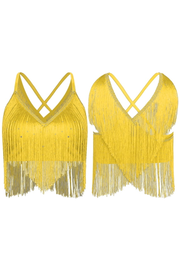 Women Salsa Latin Dance Top V-Neck Sleeveless Fringe Crop Top for Performance Competition Yellow XL