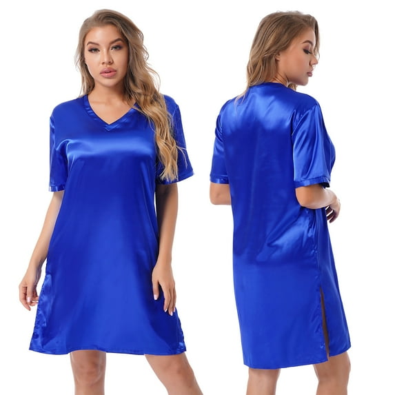 TiaoBug Women Satin Nightgown V Neck Short Sleeve Sleep Shirt Dress Solid Pajama