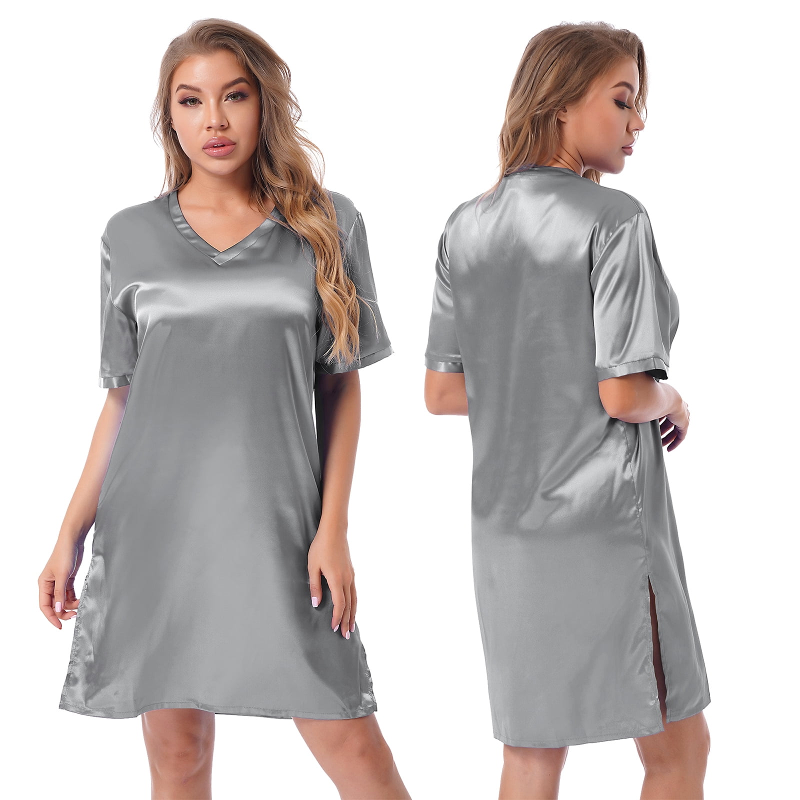 TiaoBug Women Satin Nightgown V Neck Short Sleeve Sleep Shirt Dress ...