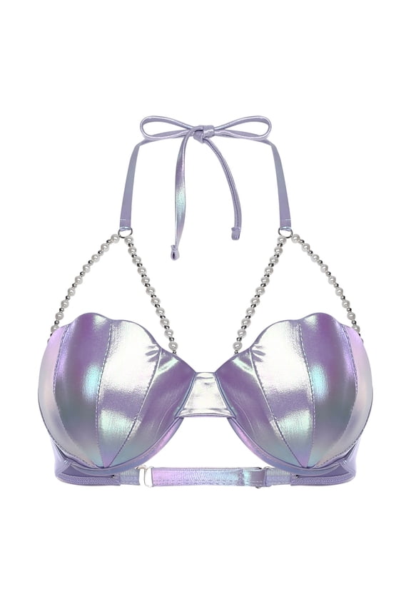 Women Seashell Bras Metallic Shiny Shells Faux Pearls Strings Halter Neck Bikini Top Clubwear Purple XXL