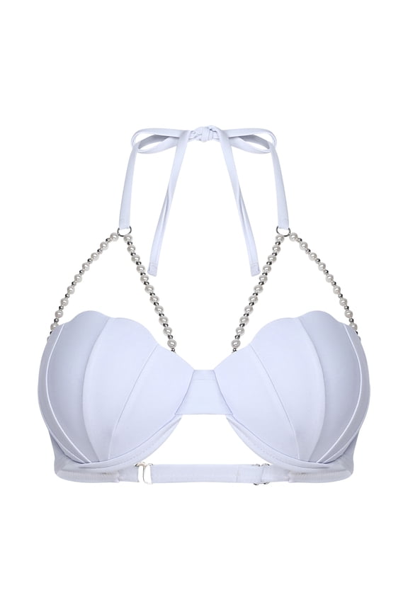 Women Seashell Bras Metallic Shiny Shells Faux Pearls Strings Halter Neck Bikini Top Clubwear White S