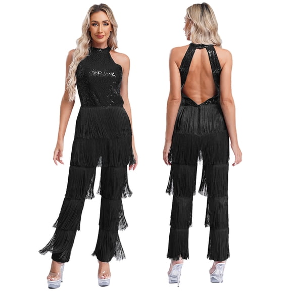TiaoBug Women Sequin Latin Dance Jumpsuit Fringe Jazz Tango Rumba Salsa Ballroom Dance Rompers Black 4XL