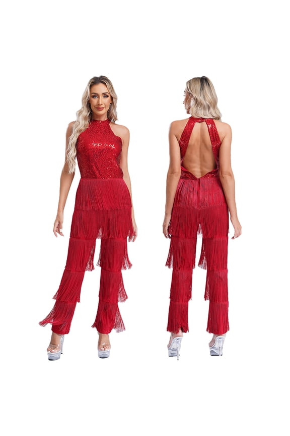 Women Sequin Latin Dance Jumpsuit Fringe Jazz Tango Rumba Salsa Ballroom Dance Rompers Burgundy 4XL