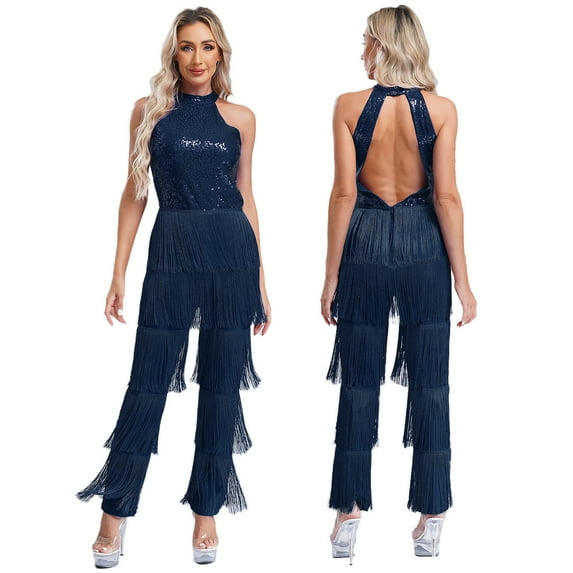 TiaoBug Women Sequin Latin Dance Jumpsuit Fringe Jazz Tango Rumba Salsa Ballroom Dance Rompers Navy Blue 3XL