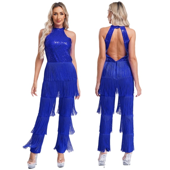 TiaoBug Women Sequin Latin Dance Jumpsuit Fringe Jazz Tango Rumba Salsa Ballroom Dance Rompers Royal Blue 3XL