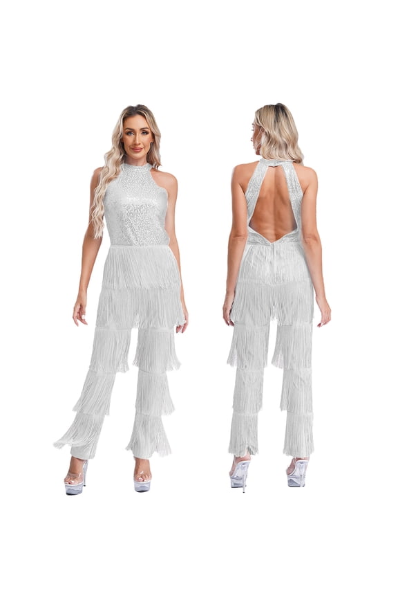 Women Sequin Latin Dance Jumpsuit Fringe Jazz Tango Rumba Salsa Ballroom Dance Rompers Silver 3XL