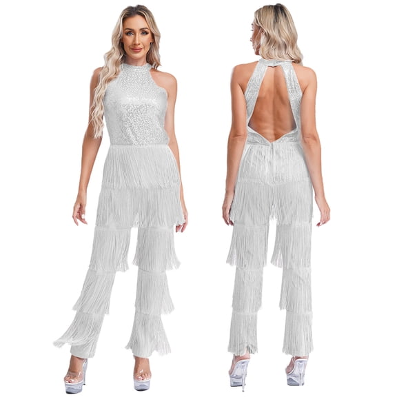 TiaoBug Women Sequin Latin Dance Jumpsuit Fringe Jazz Tango Rumba Salsa Ballroom Dance Rompers Silver M
